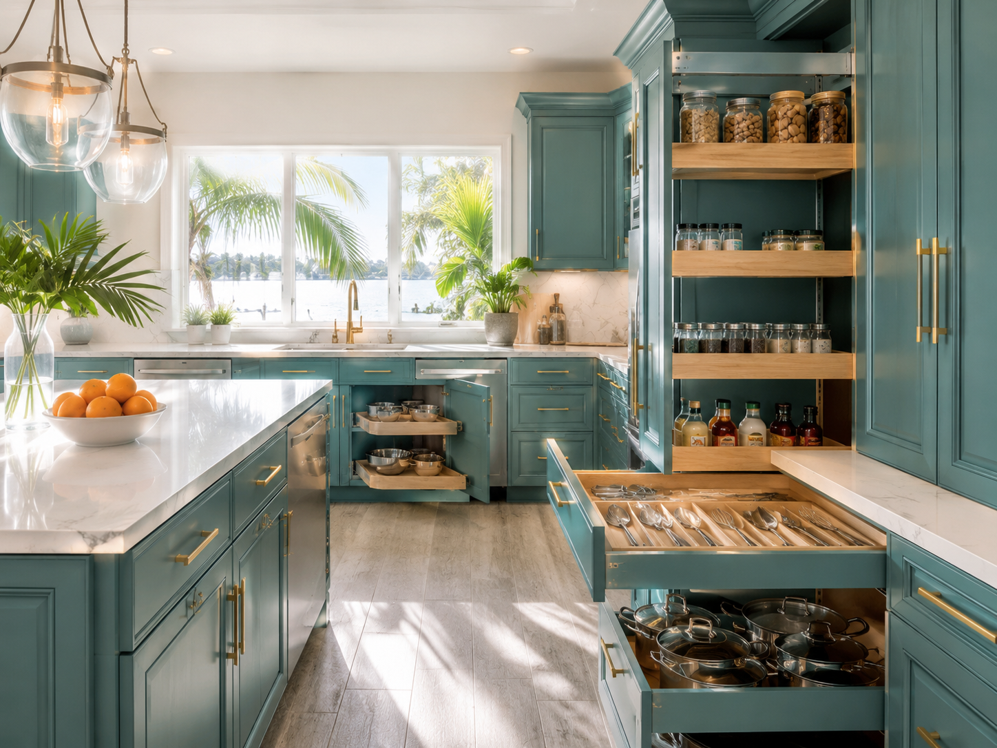 Kitchen storage solutions with pull-out shelves and organized drawers